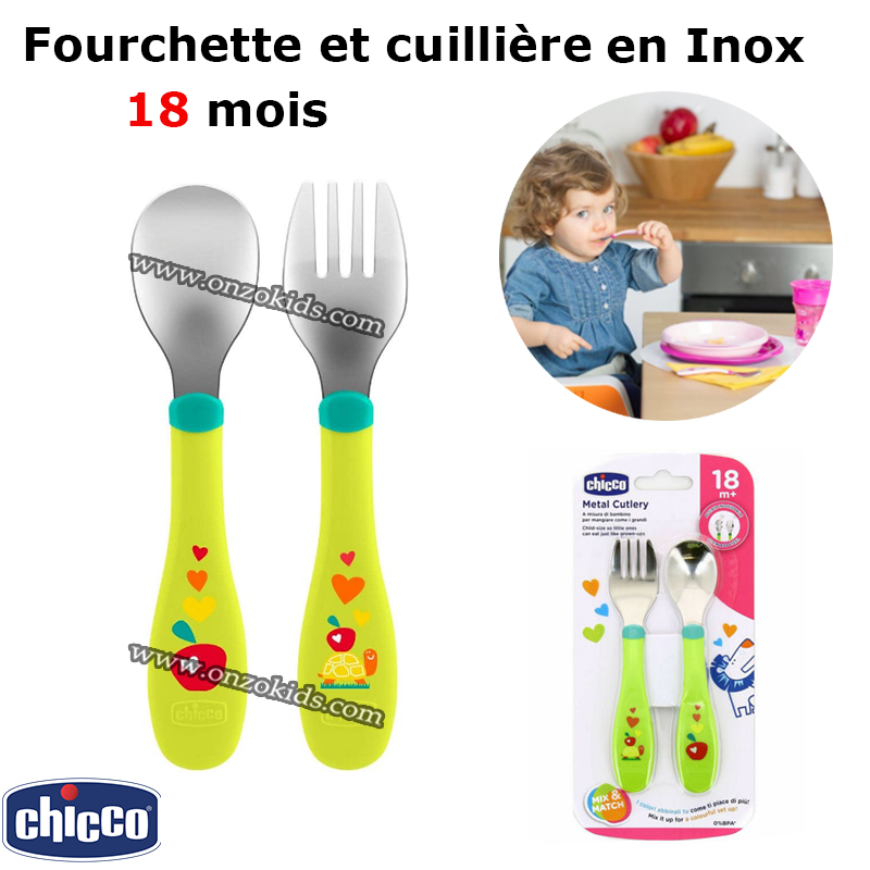 Chicco - Couverts en inox vert pomme pour bébé - 18 mois + • Cooking for my  baby