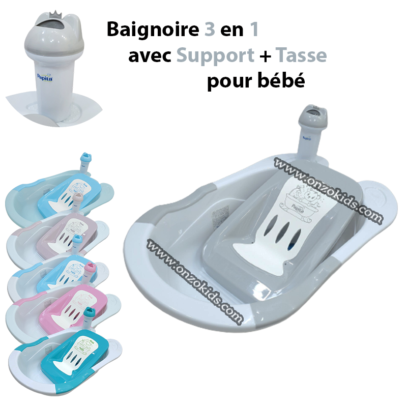 Kit de bain pour bébé : baignoire de 84 cm avec bouchon, tapis antidérapant  + support