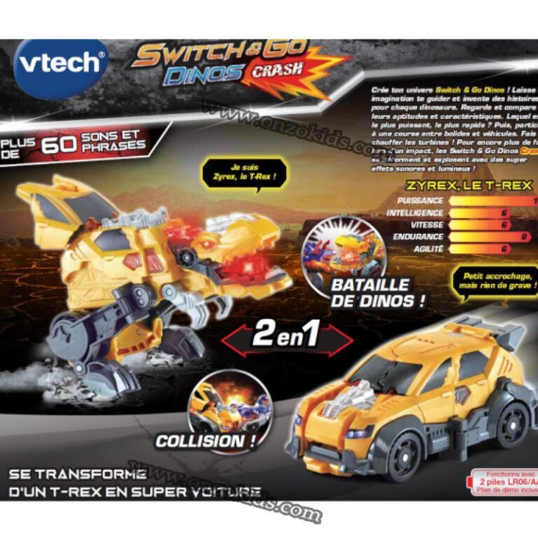 VTech - Switch & Go Dinos Crash, Zyrex, T-Rex, 2-in-1 Toy, Convertible into A Rally Car, Explosive Dino Fight, Gift for Children from 4 Years - French Language