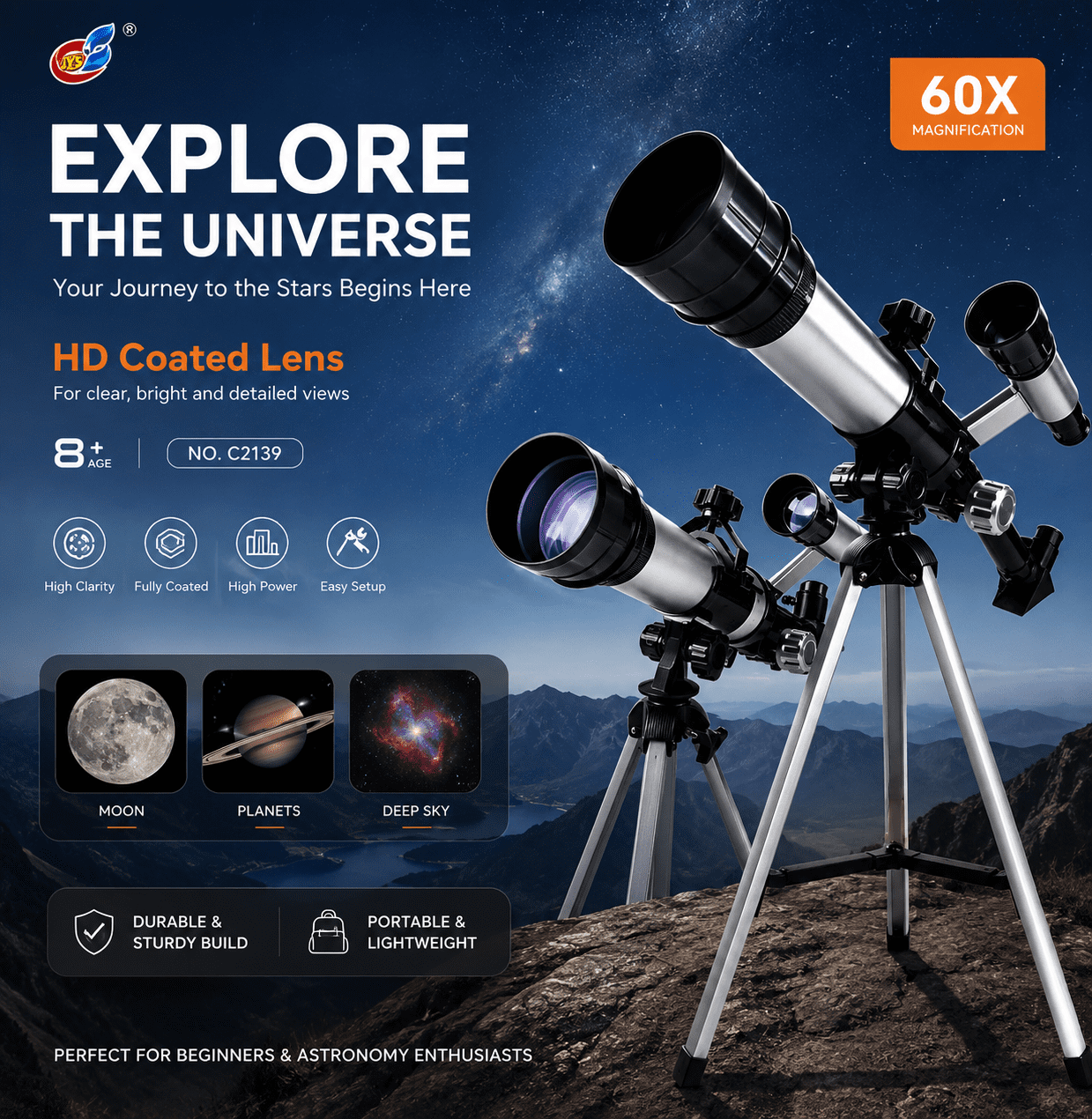 Télescope Astronomique avec Trépied, Boussole et Lentille Finder